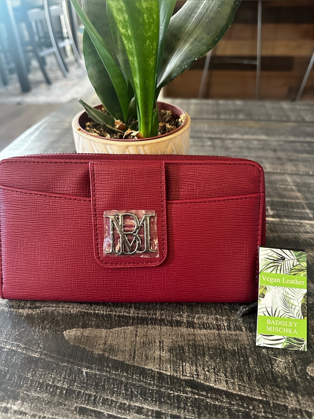 Badgley Mischka Deep Red Vegan Leather Zip Wallet with Logo
